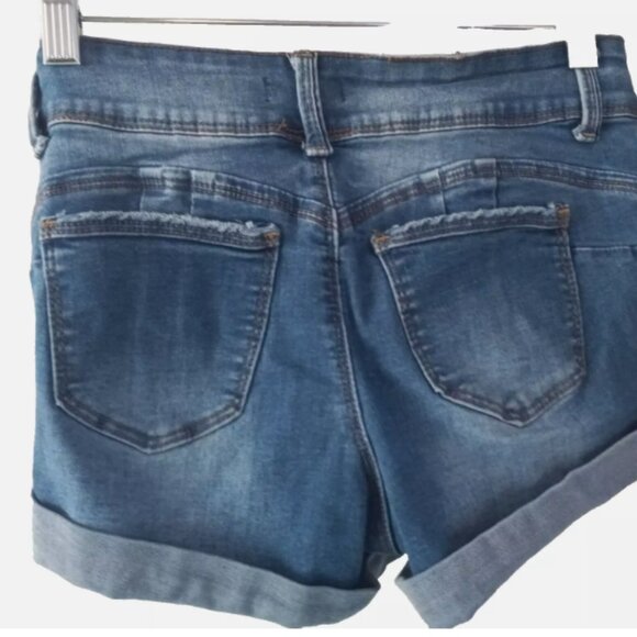Forever 21 Women’s Blue Jean Shorts Size 5 Cuffed Stretch Pockets EUC Shading - Picture 5 of 10